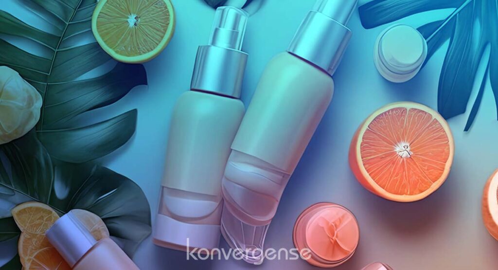 A collection of cosmetics and skin care products displayed on a vibrant blue background, designed with the best graphic design services in Dubai, showcasing beauty essentials