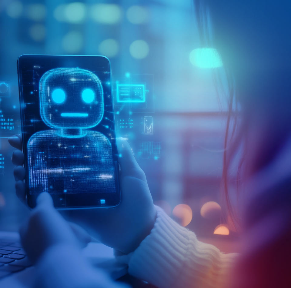 An office worker interacting with an AI chatbot on her mobile phone