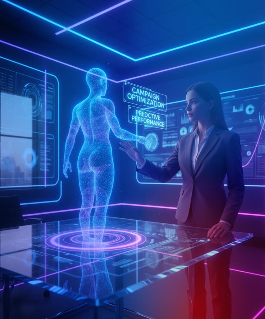 A office worker Brain interacting with AI to create marketing automation ideas in a holographic space