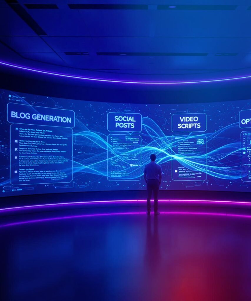 A office worker Brain interacting with AI to create marketing automation ideas in a holographic space