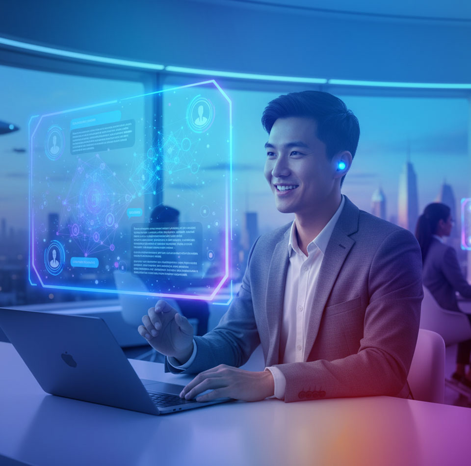 Conversational AI in action in a modern day workplace assisting an employee with automation tasks