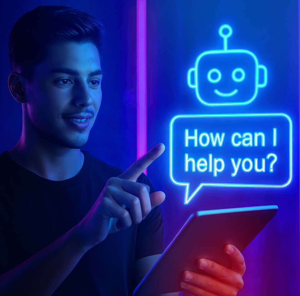 Intelligent AI chatbot concept on a tablet device being used by an individual