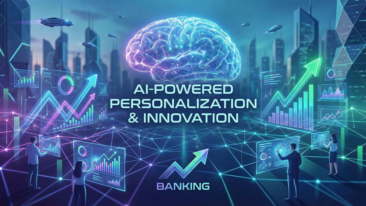 An abstract image showing a central glowing core, representing AI, radiating lines of growth and a visionary landscape.