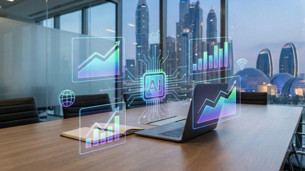 The Complete Guide To AI Marketing Automation For UAE & GCC Businesses In 2026 1 Digital illustration of AI marketing automation transforming businesses in the UAE and GCC, showing data flows and futuristic technology.