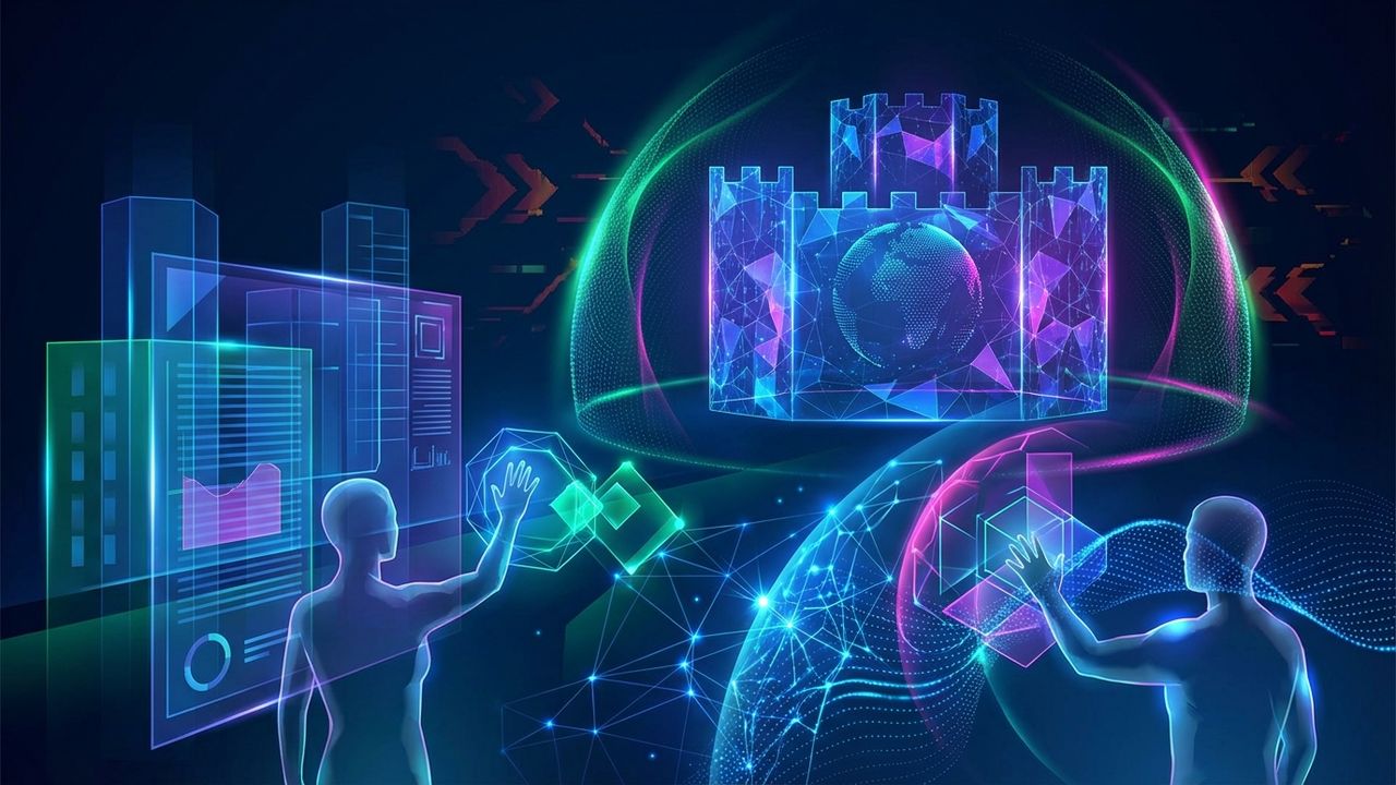 Abstract digital illustration representing AI security in 2025, showing a secure network defending against escalating cyber threats with advanced AI defense mechanisms.