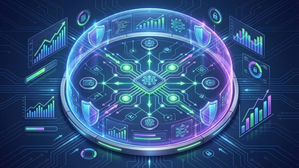 AI Security and Development: A Developer's 2026 Guide 4 Abstract digital illustration depicting AI security and software development concepts with interconnected nodes, data streams, and protective shields.