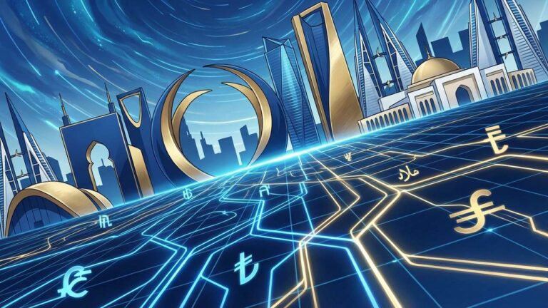 Home 25 Abstract image showing AI integration in GCC financial services, with neural networks connecting to digital financial symbols against a backdrop of modern architecture.