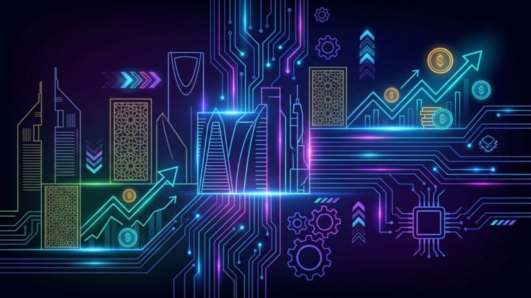 Home 25 Abstract illustration of artificial intelligence and automation transforming financial services in the GCC region, showing interconnected digital networks and data flow.