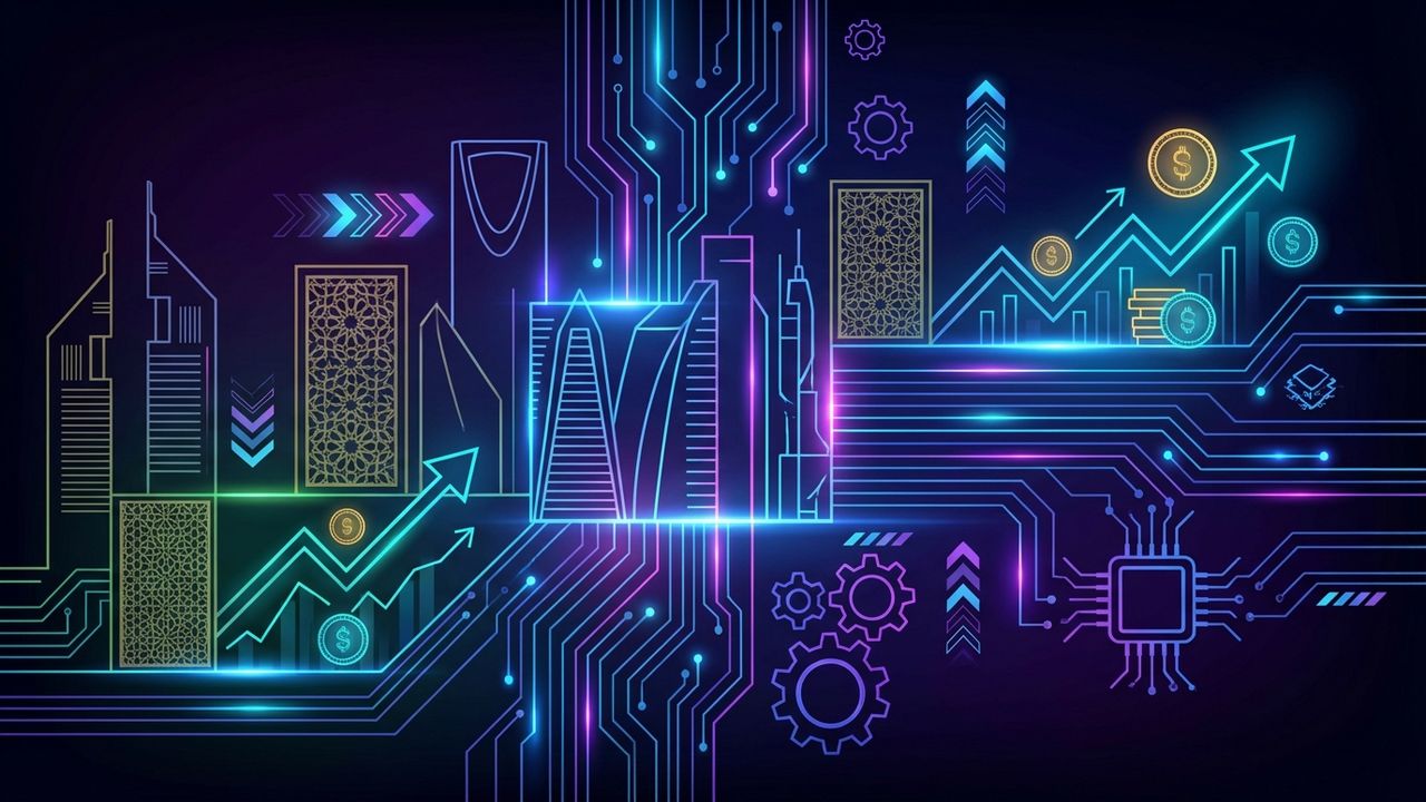 Abstract illustration of artificial intelligence and automation transforming financial services in the GCC region, showing interconnected digital networks and data flow.