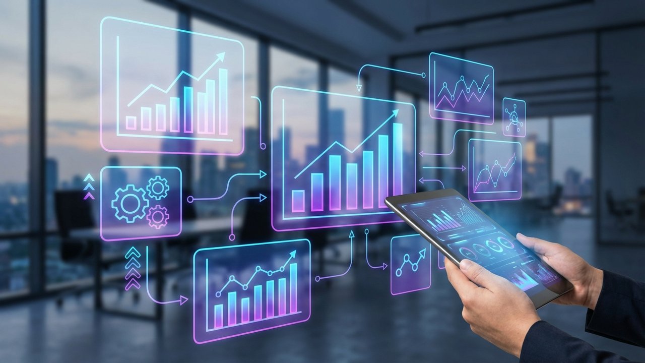 The Complete Guide To AI Marketing Automation For UAE & GCC Businesses In 2026 1 Abstract visualization of financial data and AI marketing automation metrics for GCC businesses, showing growth and efficiency.