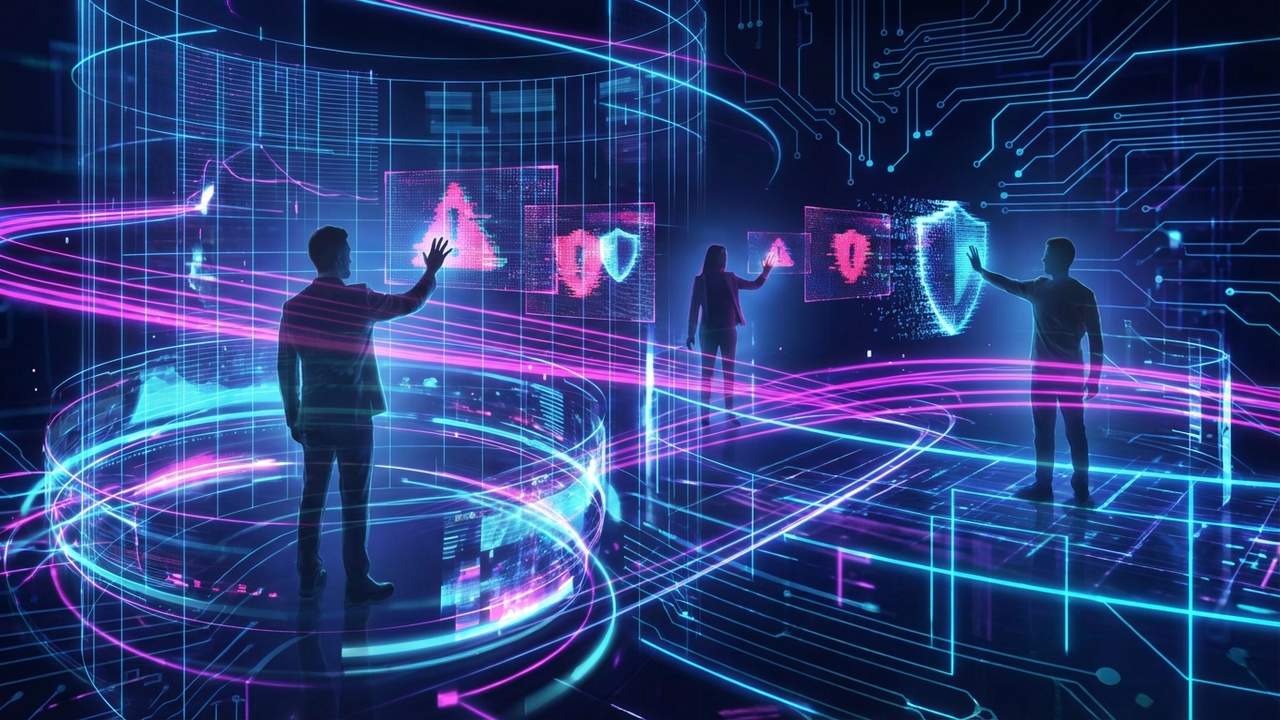 AI Security For 2026: Navigating Escalating Threats and Advanced Defense 1 Abstract illustration depicting the contrasting elements of AI threats and security defenses.