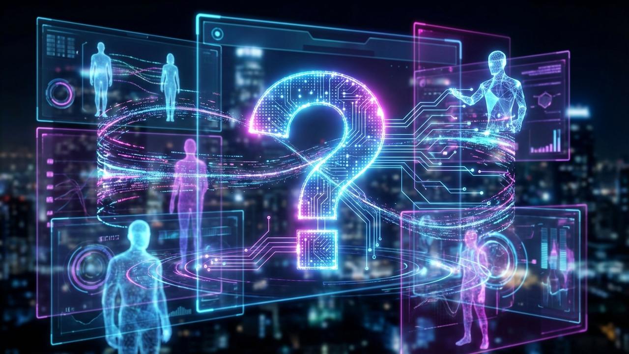 Social Media Marketing And Automation For UAE & GCC Brands: Unlock Predictable ROI 3 An abstract illustration of a prominent question mark formed by various digital icons and data points, symbolizing frequently asked questions and the search for information in social media marketing.