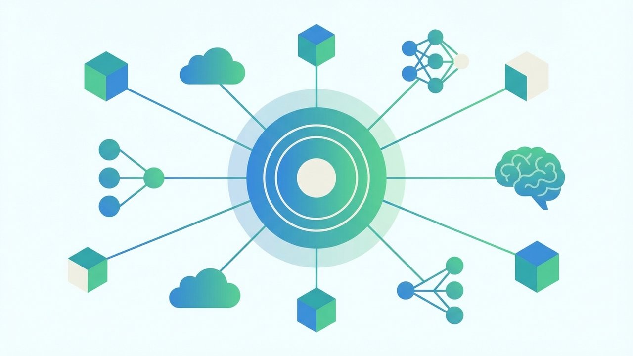 Banking on AI: How GCC financial services are embracing automation 4 Abstract representation of a central command hub, with various data streams and AI processes converging, symbolizing a dedicated AI & Data Office with strategic oversight.