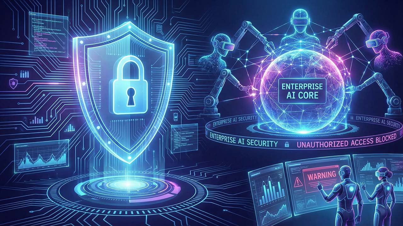 An abstract illustration of interconnected gears symbolizing a development lifecycle, with a digital shield icon overlaid, representing the integration of AI security.