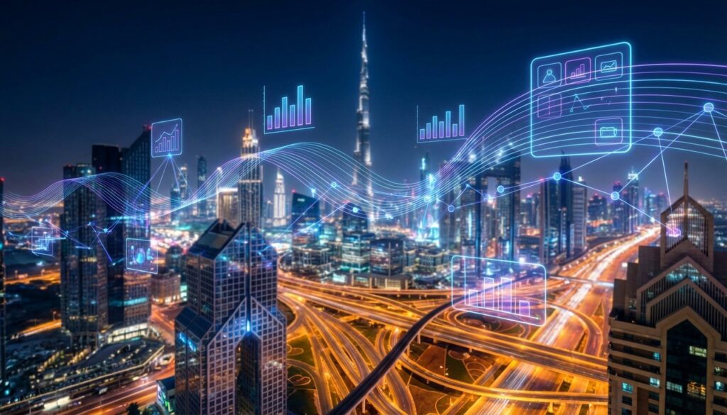 AI Agents & Chatbots for Business UAE & GCC: The Complete 2026 Guide to ROI & Implementation 2 Abstract digital representation of AI agents and chatbots transforming business in the UAE & GCC, showing data flow and technological integration.