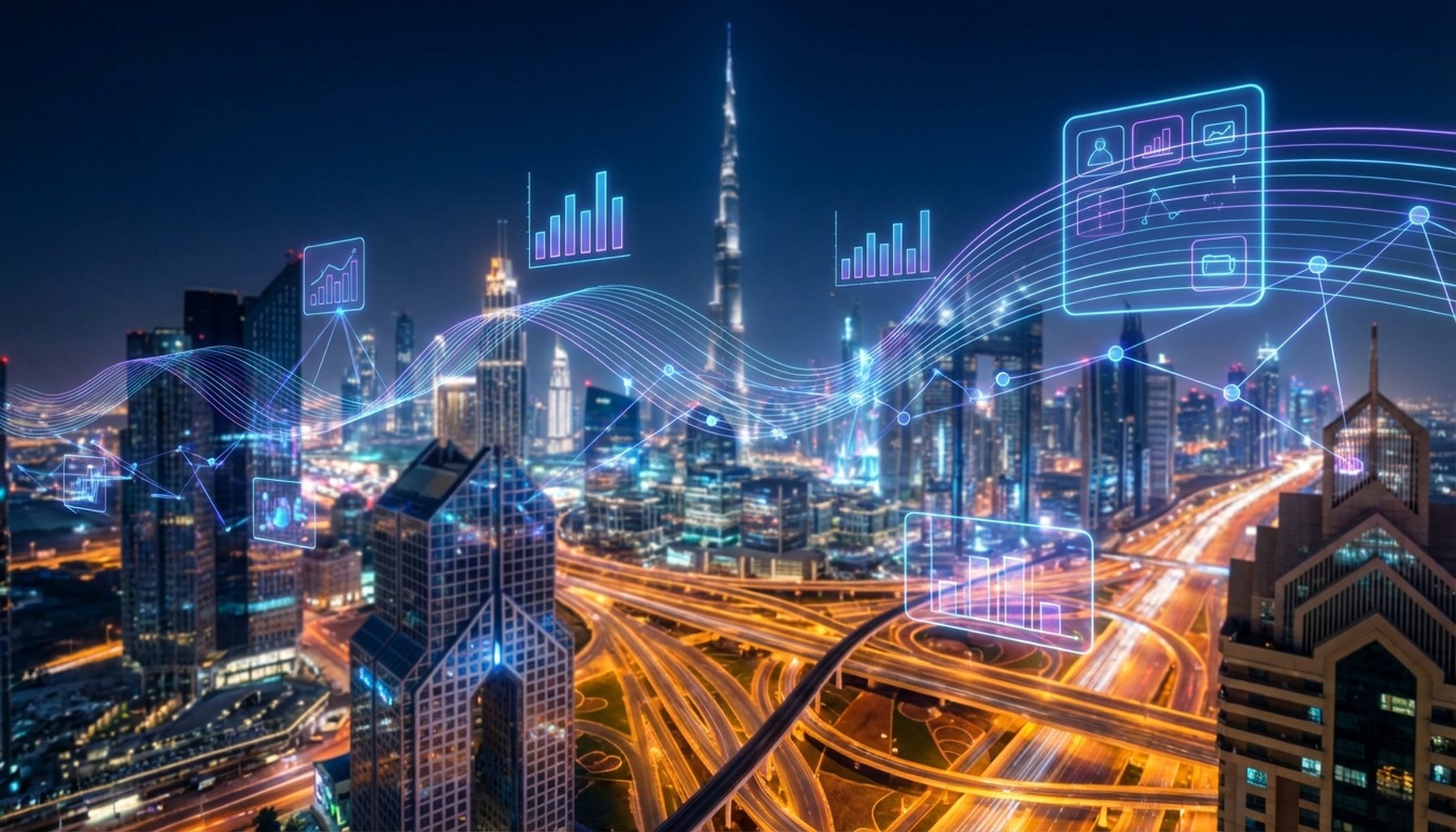 Abstract digital representation of AI agents and chatbots transforming business in the UAE & GCC, showing data flow and technological integration.