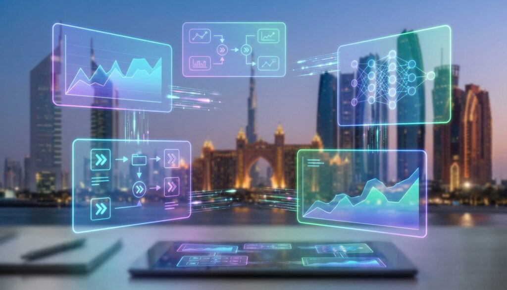 AI Digital Marketing Strategy UAE and GCC: The Ultimate Guide for 2026 1 AI Digital Marketing Strategy UAE & GCC dashboard showing data analytics and growth projections against a modern Gulf city skyline.