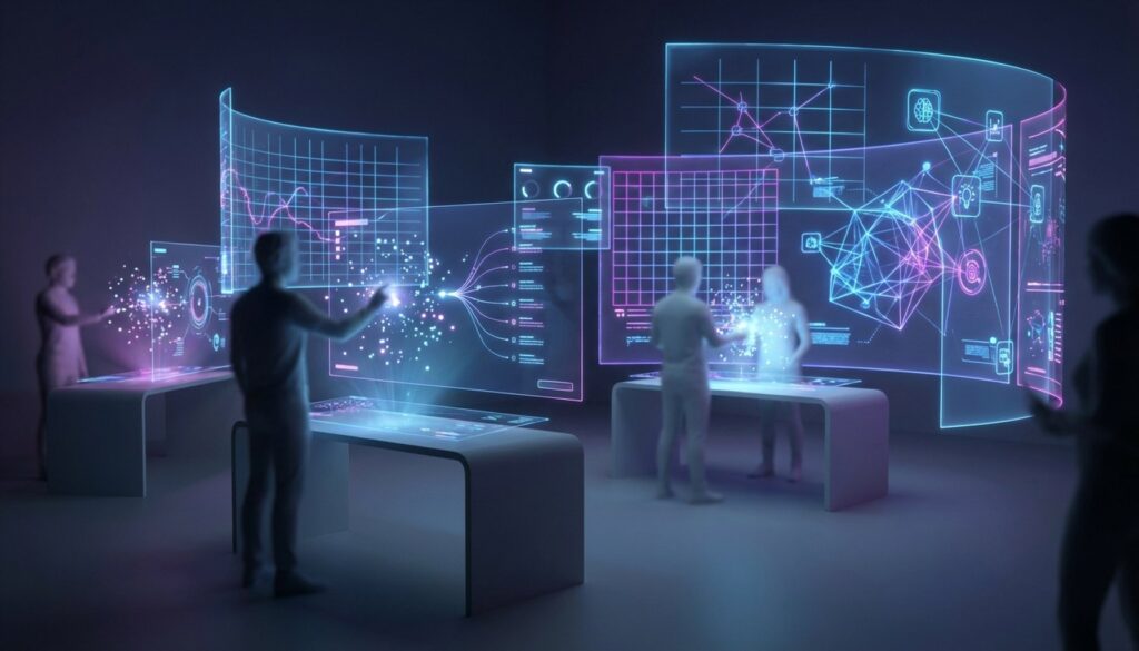 AI in Education Transformation: The Ultimate 7-Step Roadmap For Success 1 An illustration of AI in education transformation, showing futuristic learning environments with digital interfaces and interconnected data streams.