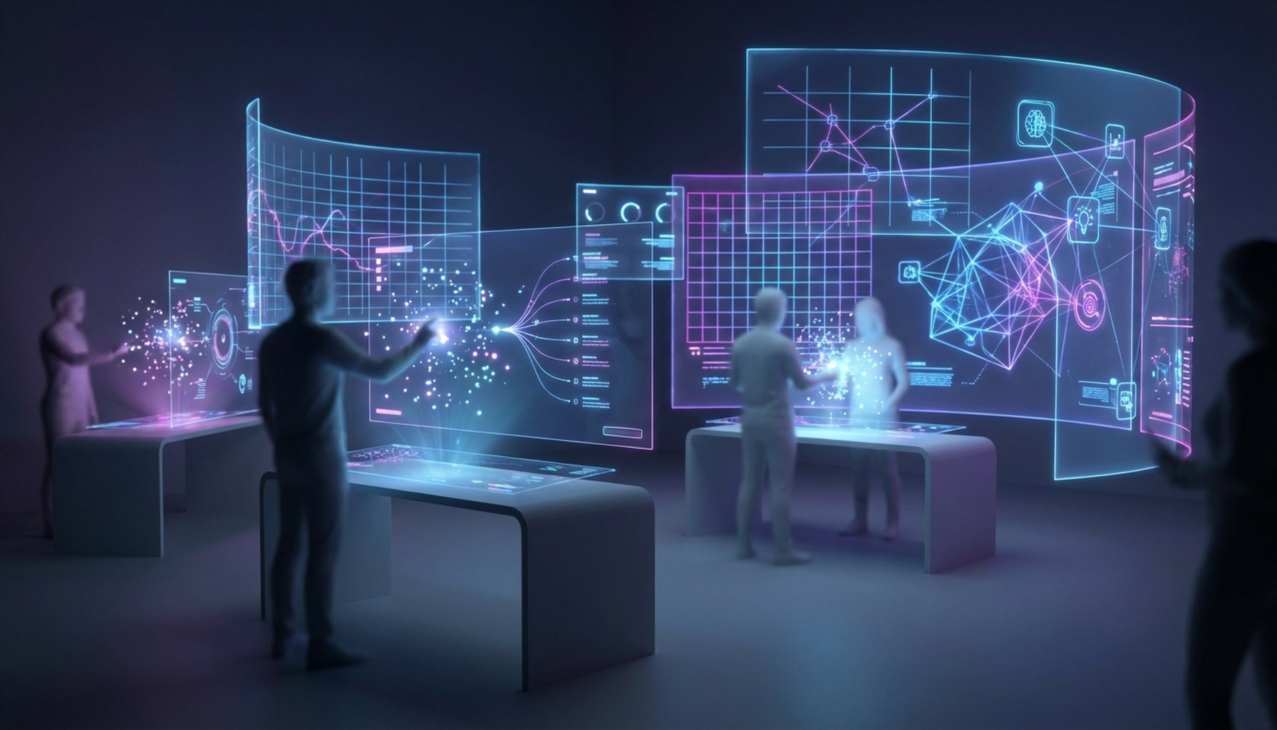 An illustration of AI in education transformation, showing futuristic learning environments with digital interfaces and interconnected data streams.
