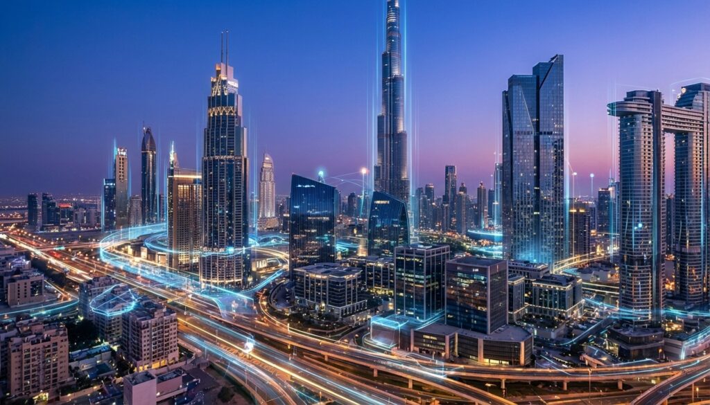 AI Adoption in UAE Real Estate: Trends, Opportunities, and Impact 1 AI in Real Estate UAE: Digital overlay on a futuristic Dubai cityscape representing technological transformation and investment strategies.