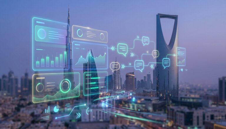 Home 26 Digital illustration showing WhatsApp Chatbots for UAE and Saudi Businesses seamlessly integrating with customer service, featuring chat bubbles, network connections, and subtle Middle Eastern architectural elements.