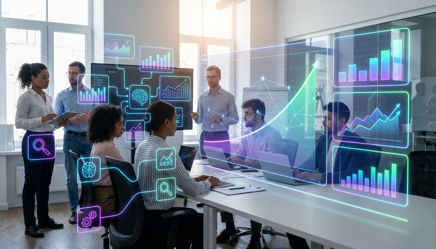 AI Digital Marketing Strategy UAE and GCC: The Ultimate Guide for 2026 1 Abstract graphic showing upward trends and interconnected data points, symbolizing growth, efficiency, and new opportunities driven by AI.