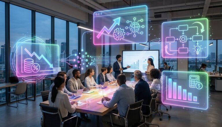 Home 25 Digital infographic displaying statistical data related to AI marketing spend, cost reduction, and business planning for GCC SMEs.