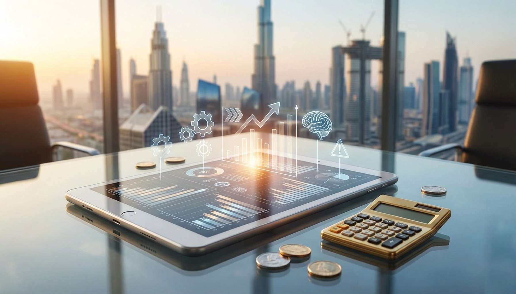 The Ultimate Guide to AI Marketing Automation Cost in UAE for 2026: What to Expect? 2 A futuristic digital interface displaying key financial statistics and data points, representing ROI and cost reduction in marketing.