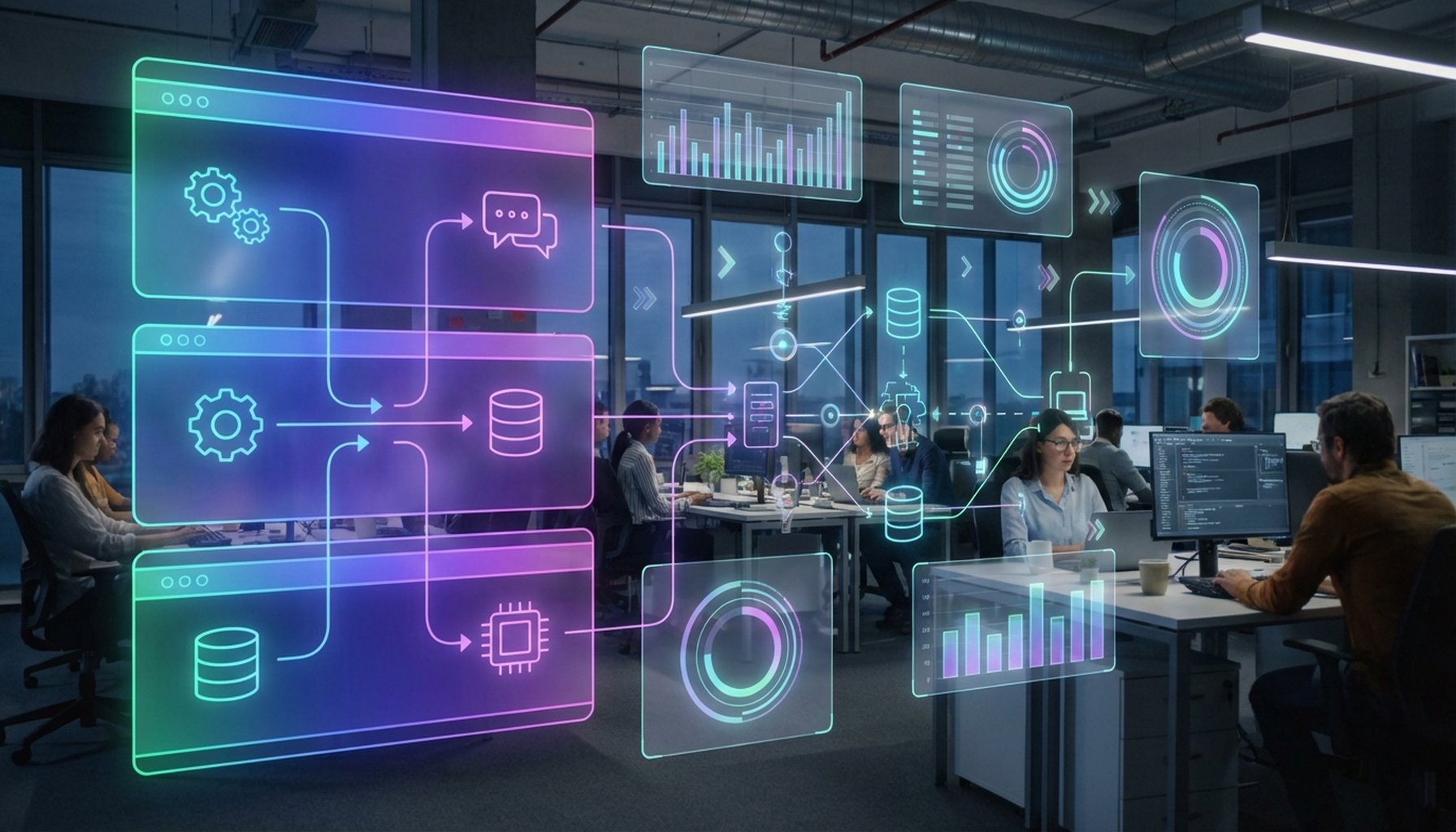 The Ultimate Guide to WhatsApp Chatbots: Architecture and Handoff in 2026 2 A complex diagram illustrating the interconnected components and data flow within a scalable chatbot architecture, with subtle statistical data points.