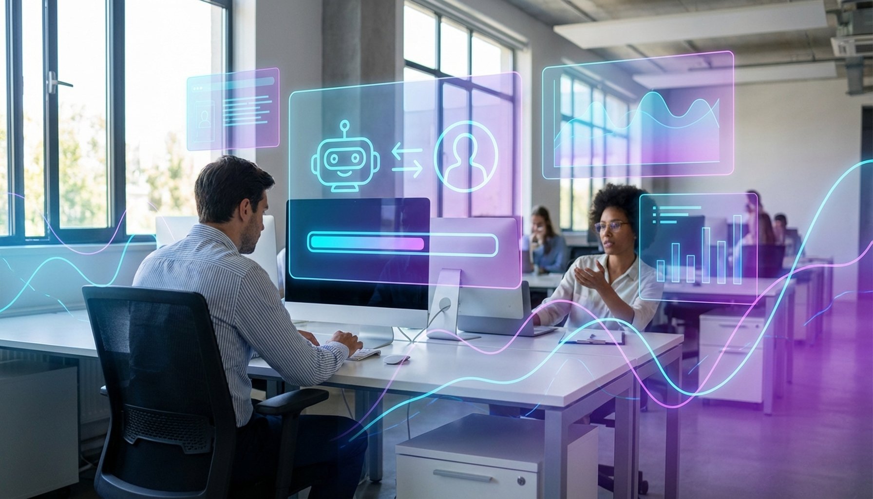 The Ultimate Guide to WhatsApp Chatbots: Architecture and Handoff in 2026 3 An abstract visual depicting a smooth transition or handoff from an automated chatbot system to a human customer service agent, emphasizing efficiency.