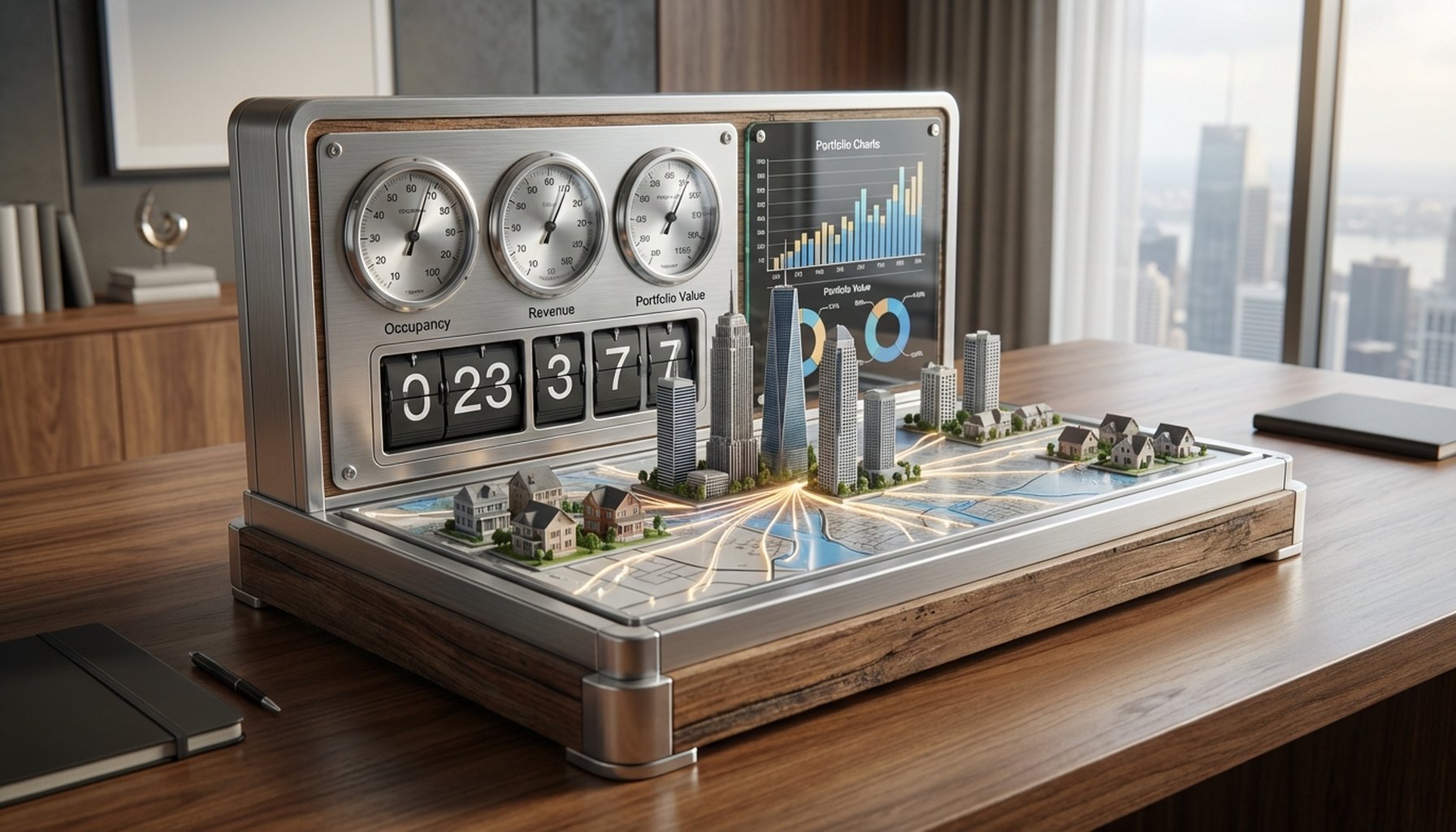 AI Adoption in UAE Real Estate: Trends, Opportunities, and Impact 3 A futuristic digital dashboard displaying real estate portfolio metrics, market simulations, and strategic indicators for property management.