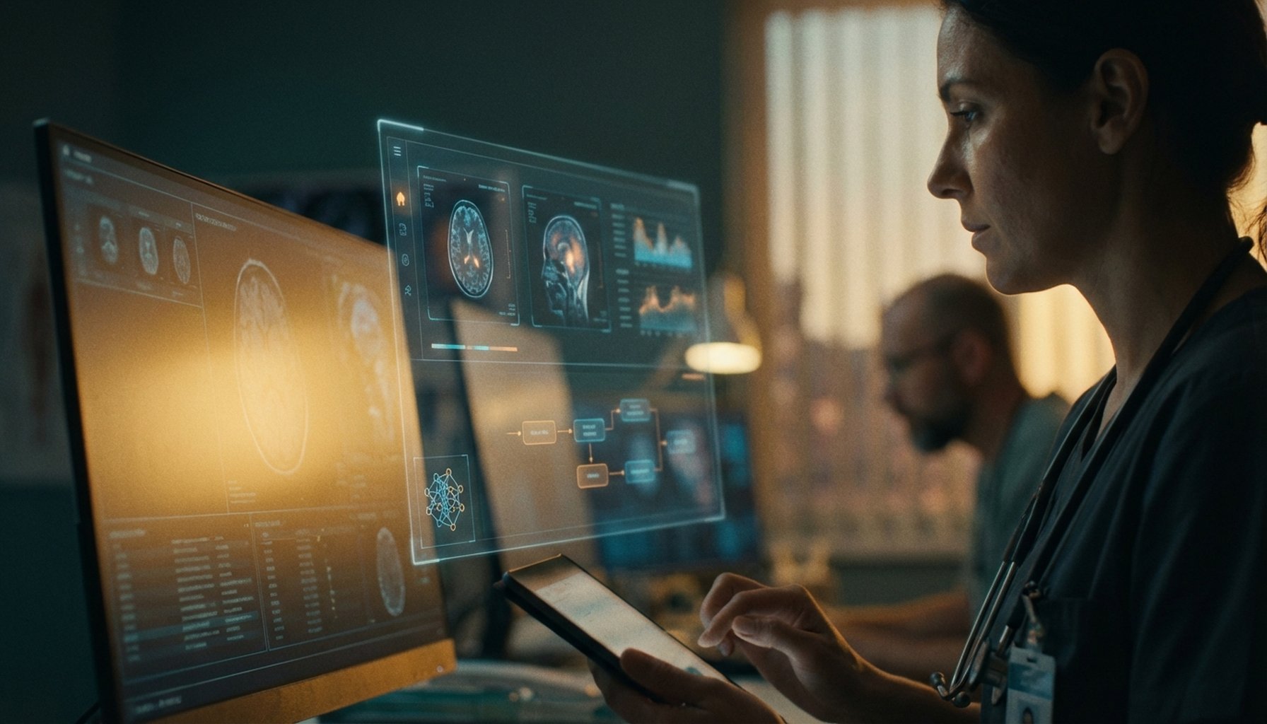 Abstract visual representing seamless AI integration within healthcare operational pipelines.