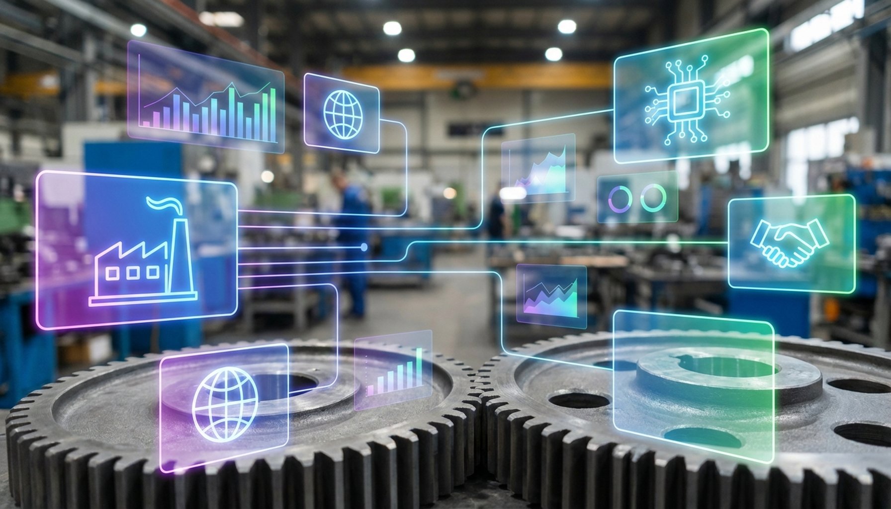 AI Agents & Chatbots for Business UAE & GCC: The Complete 2026 Guide to ROI & Implementation 5 Gears meshing together, symbolizing innovation and interconnected industry applications of AI across GCC sectors.