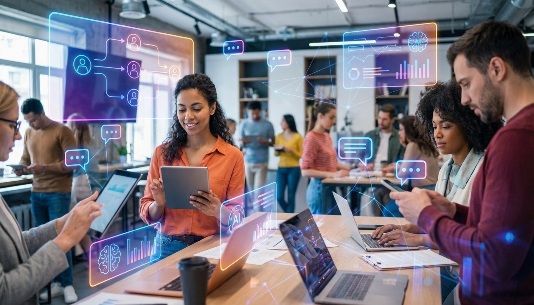 AI Digital Marketing Strategy UAE and GCC: The Ultimate Guide for 2026 5 Abstract graphic showing data points connecting to various customer profiles, illustrating AI-driven personalization and enhanced customer engagement.