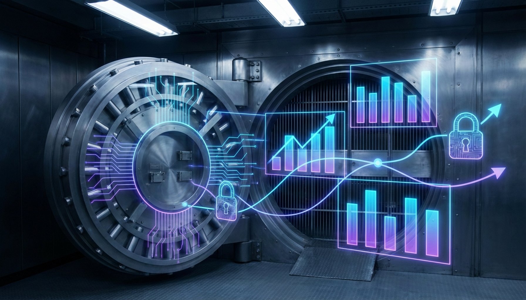 AI Agents & Chatbots for Business UAE & GCC: The Complete 2026 Guide to ROI & Implementation 6 A stylized digital vault, representing security, compliance, and efficiency in FinTech with AI in the GCC.