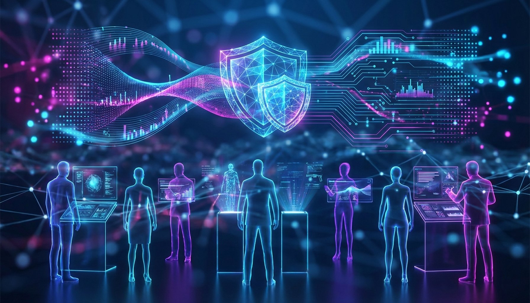 AI in Education Transformation: The Ultimate 7-Step Roadmap For Success 6 Graphic of interlocking digital shields protecting data streams, representing ethical AI, data privacy, and governance.