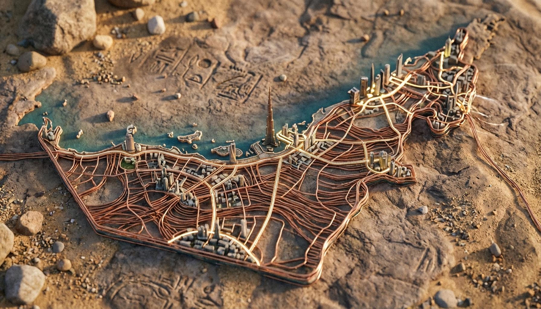 AI Adoption in UAE Real Estate: Trends, Opportunities, and Impact 6 A stylized, interconnected digital map highlighting key cities in the UAE, symbolizing technology integration in real estate registration and development.