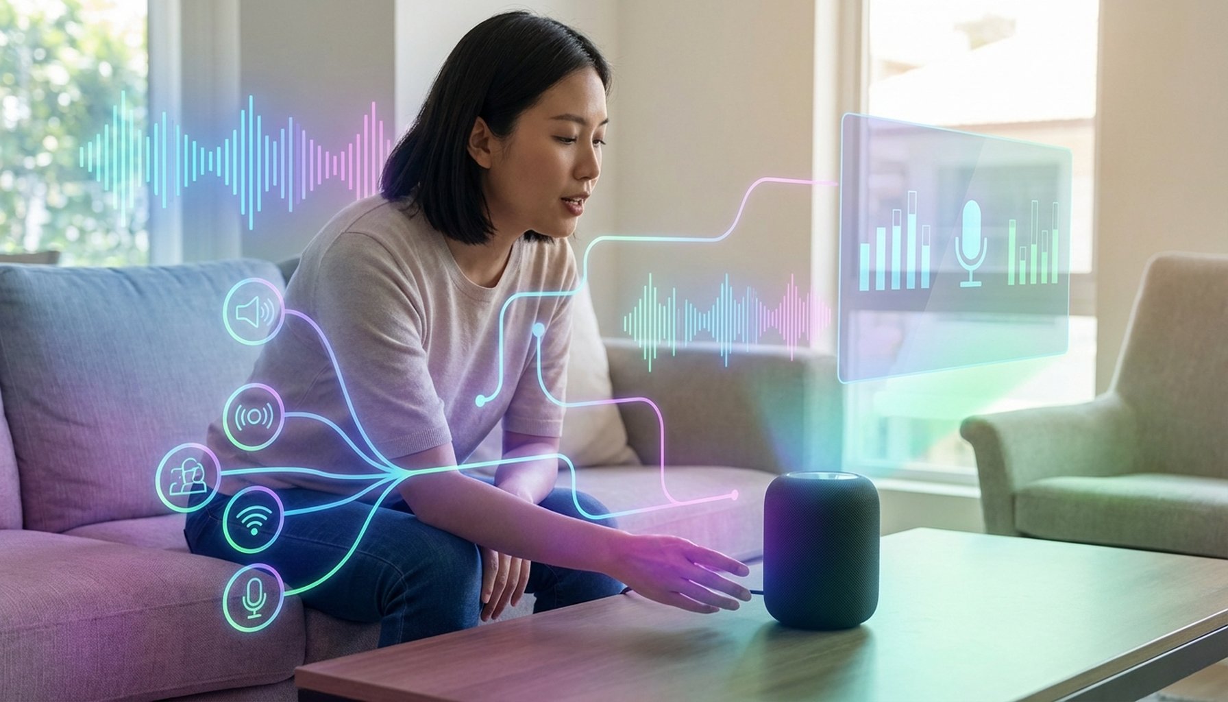 The Ultimate Guide to WhatsApp Chatbots: Architecture and Handoff in 2026 6 An abstract graphic illustrating sound waves or voice commands interacting with a minimalist digital interface, symbolizing voice capabilities and accessible experience.