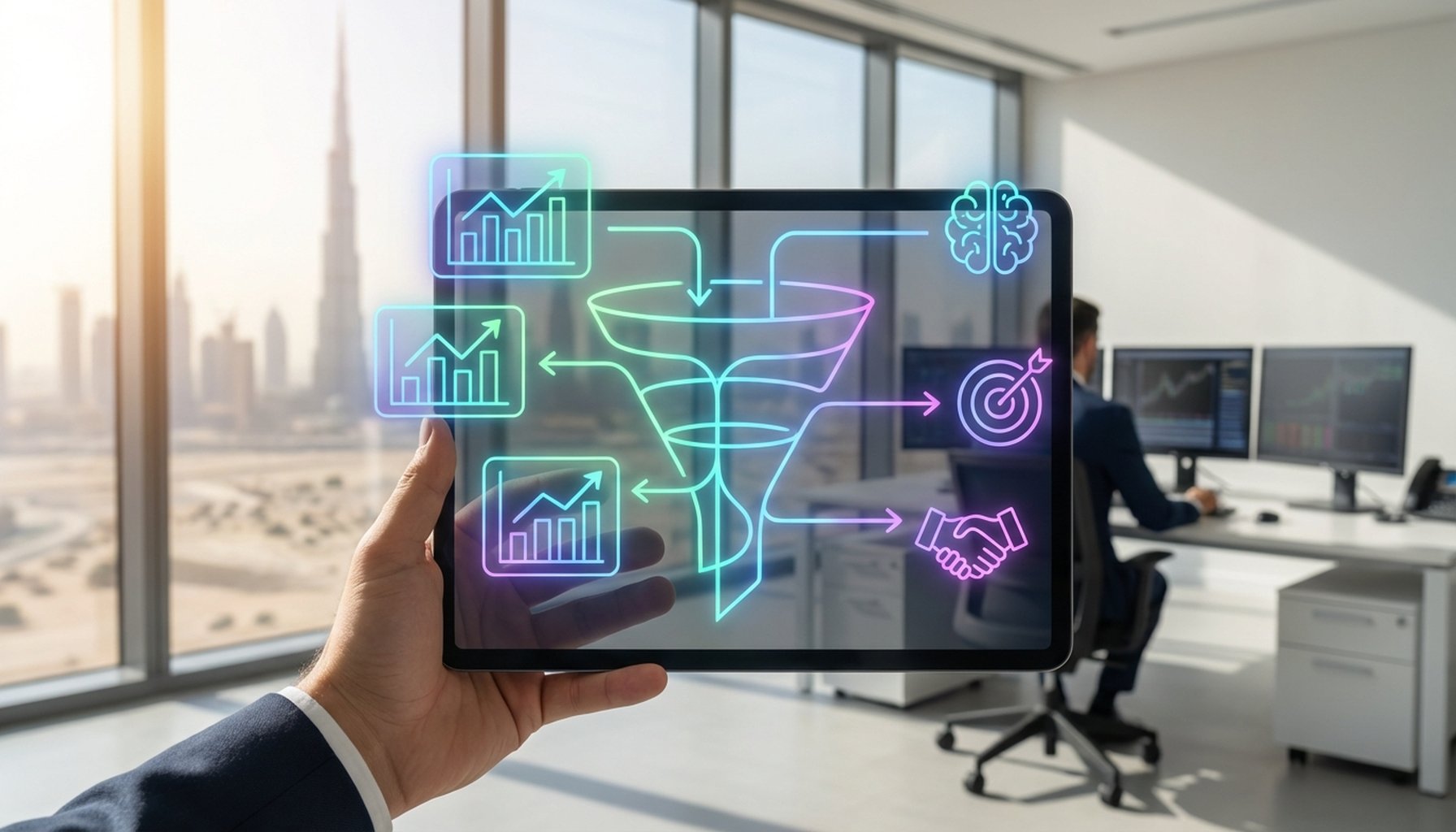 AI Digital Marketing Strategy UAE and GCC: The Ultimate Guide for 2026 8 Abstract map-like graphic with glowing AI pathways overlayed on a stylized GCC region, representing strategic navigation and efficiency in a competitive market.