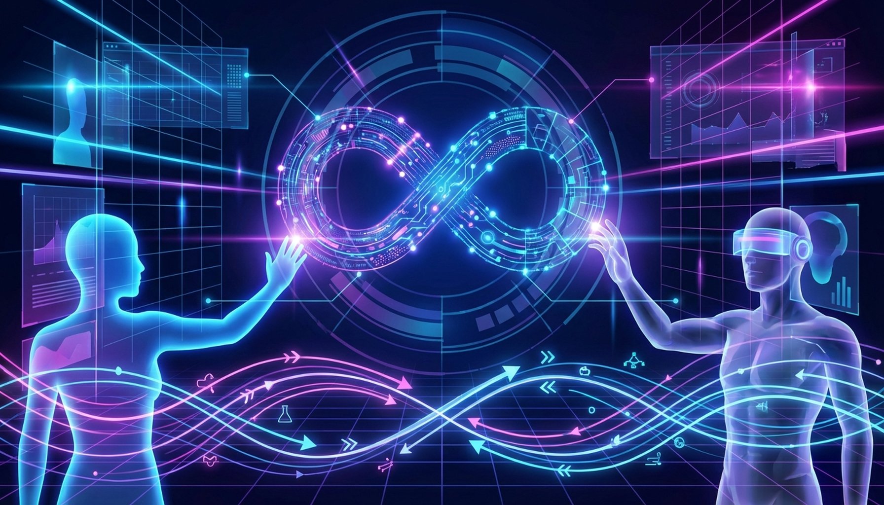 AI in Education Transformation: The Ultimate 7-Step Roadmap For Success 8 An abstract digital infinity loop, symbolizing continuous professional development and future-proofing educators with AI.