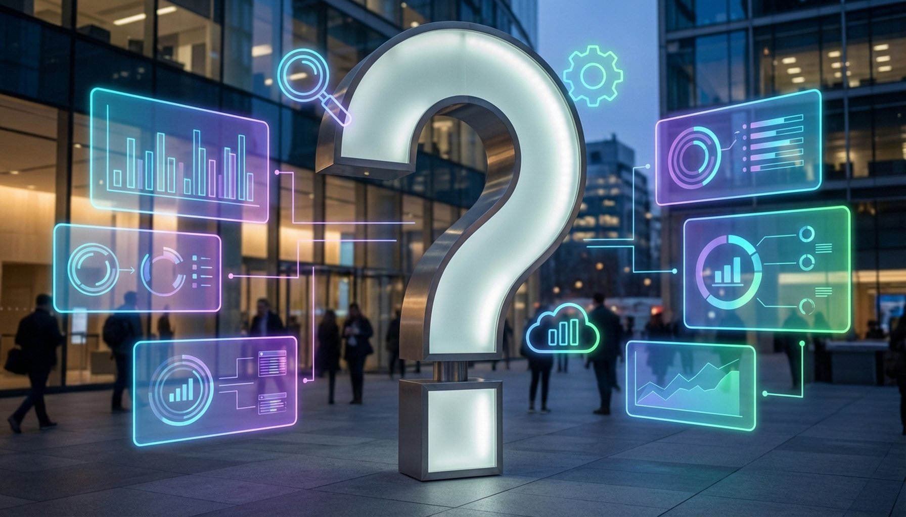 AI Agents & Chatbots for Business UAE & GCC: The Complete 2026 Guide to ROI & Implementation 9 A large question mark surrounded by abstract digital interface elements, representing FAQs and digital support.