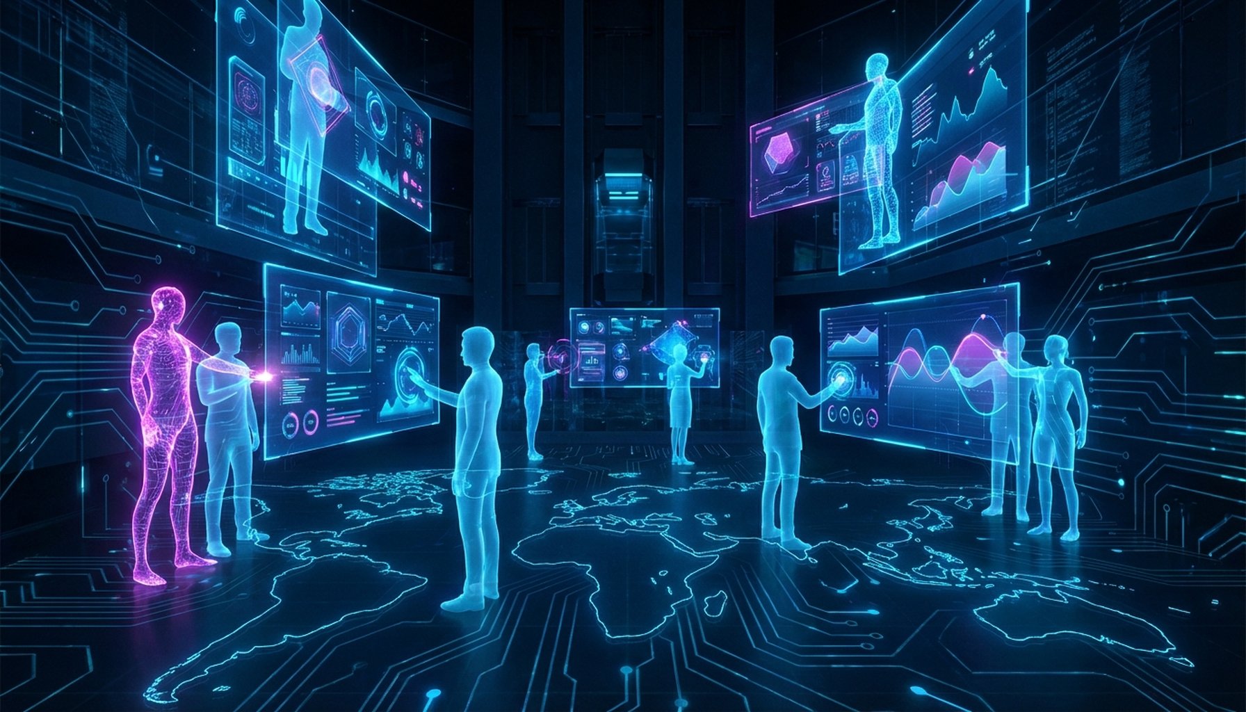 AI in Education Transformation: The Ultimate 7-Step Roadmap For Success 9 A futuristic educational environment with holographic displays and integrated AI interfaces, subtly incorporating global map elements.