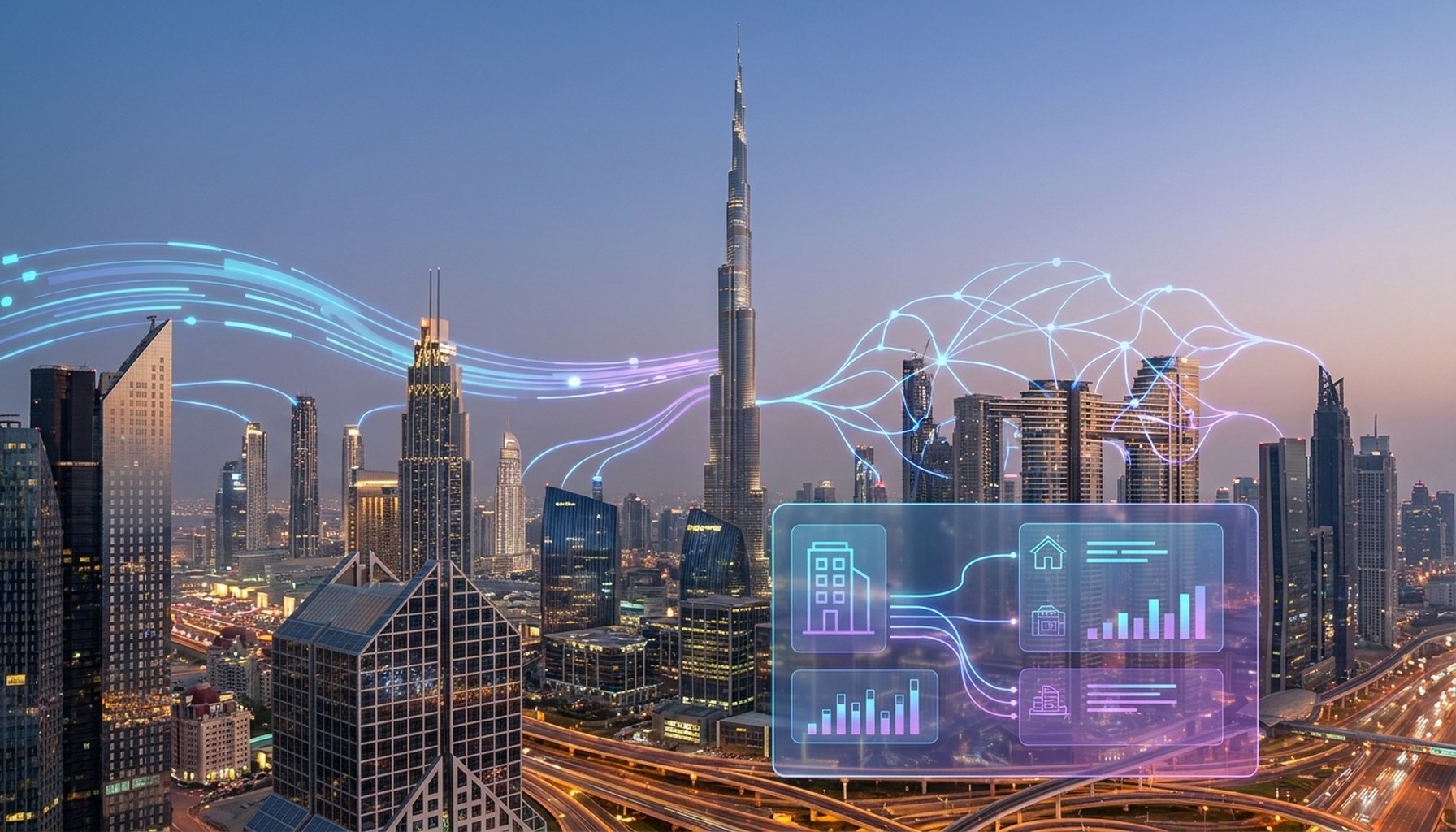 AI Agents Dubai Real Estate automating property management and client interactions in a futuristic Dubai cityscape.