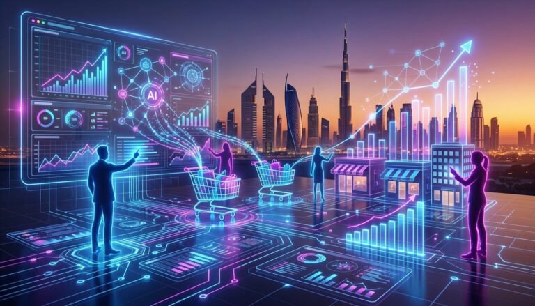 Home 25 AI Marketing Automation for E-commerce UAE: Digital interface showing AI optimizing retail strategies and boosting ROI.