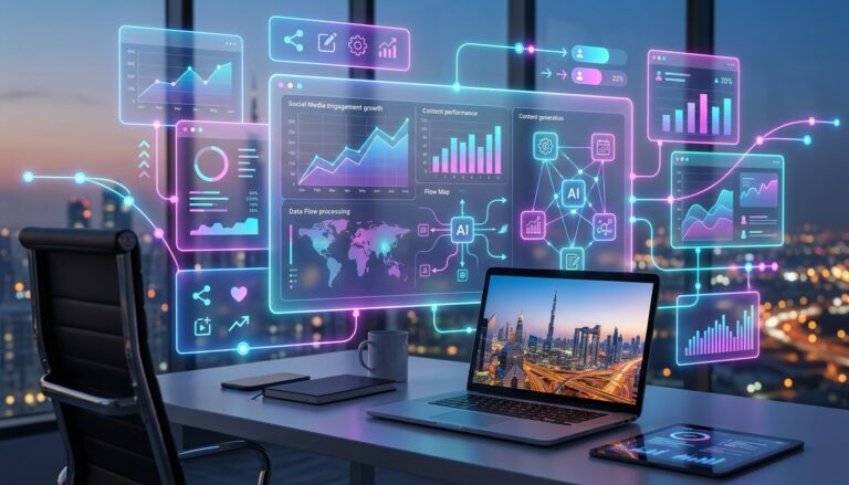 Home 25 Digital illustration representing AI Social Media Automation for GCC Businesses, showing data flowing between AI neural networks and social media icons over a map of the Gulf region.