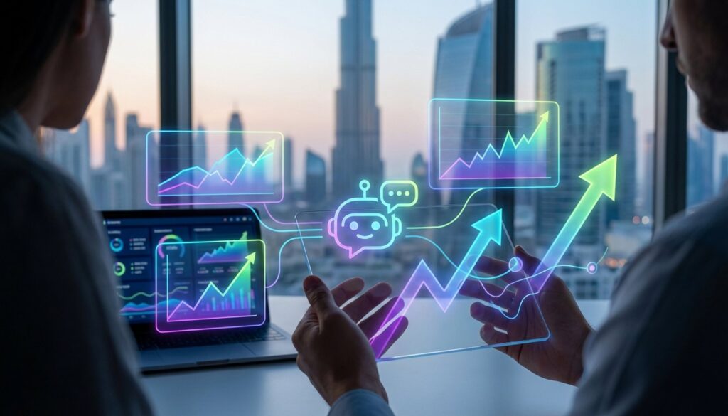 Customer Service AI Chatbots In The UAE: Proven Strategies to Save AED 1.2 Million 2 Digital interface showing customer service chatbots UAE cost savings with financial growth charts and a modern city skyline.