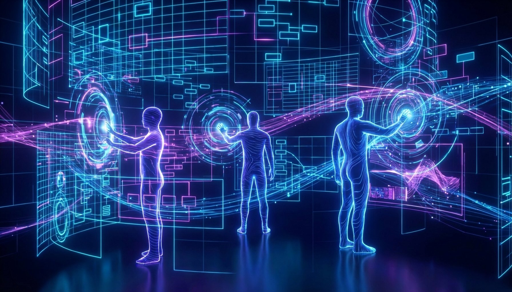 AI Voice Assistants vs Text Chatbots - What's Best For Your Business 1 Interconnected abstract shapes and lines representing complex processes and orchestration within a digital system.