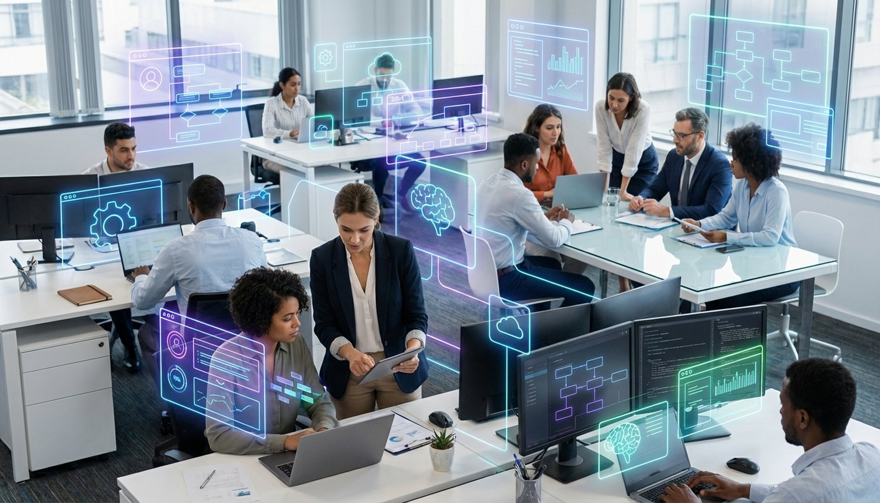 Customer Service AI Chatbots In The UAE: Proven Strategies to Save AED 1.2 Million 1 Stylized graphic showing interconnected nodes representing AI and gears symbolizing operational efficiency for business.