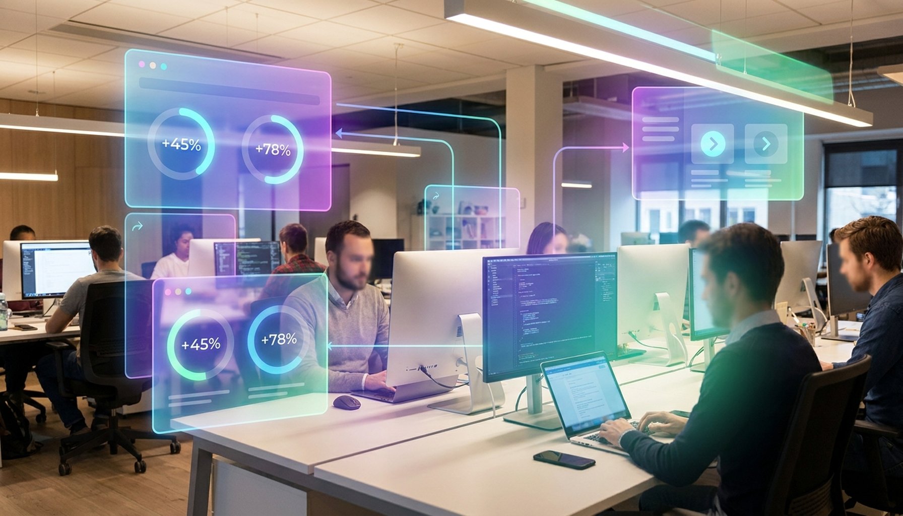 AI Agents For Dubai Real Estate: 7 Critical Functions To Automate for Maximum ROI 2 A vibrant digital dashboard displaying various real estate metrics and statistics with prominent percentage figures, indicating AI-driven cost reduction and market adoption.