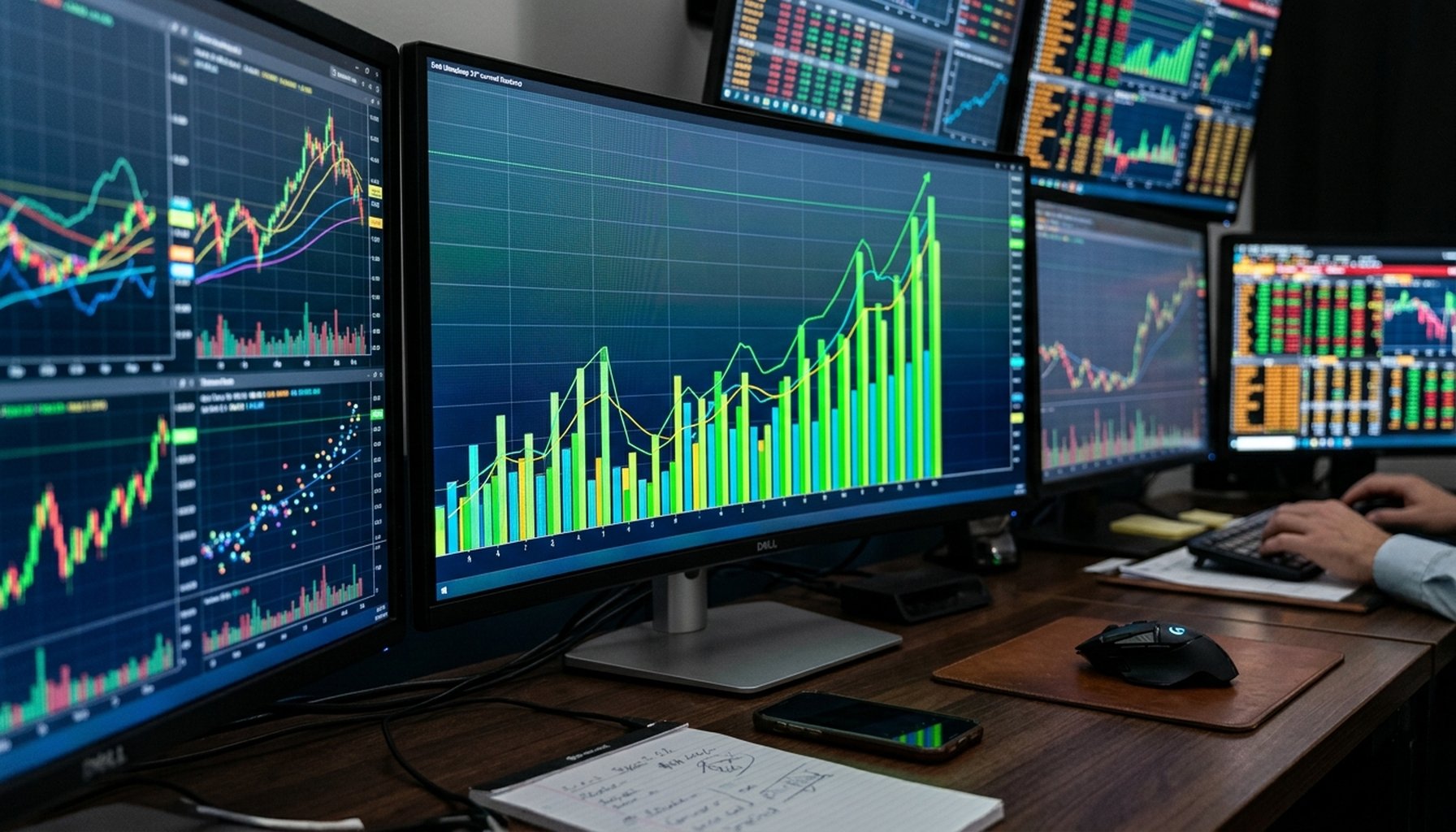 AI Social Media Automation for GCC Businesses: 7-Steps To Maximize ROI and Competitive Advantage 2 Digital dashboard displaying various financial charts, growth curves, and key performance indicators related to marketing spend and AI adoption.